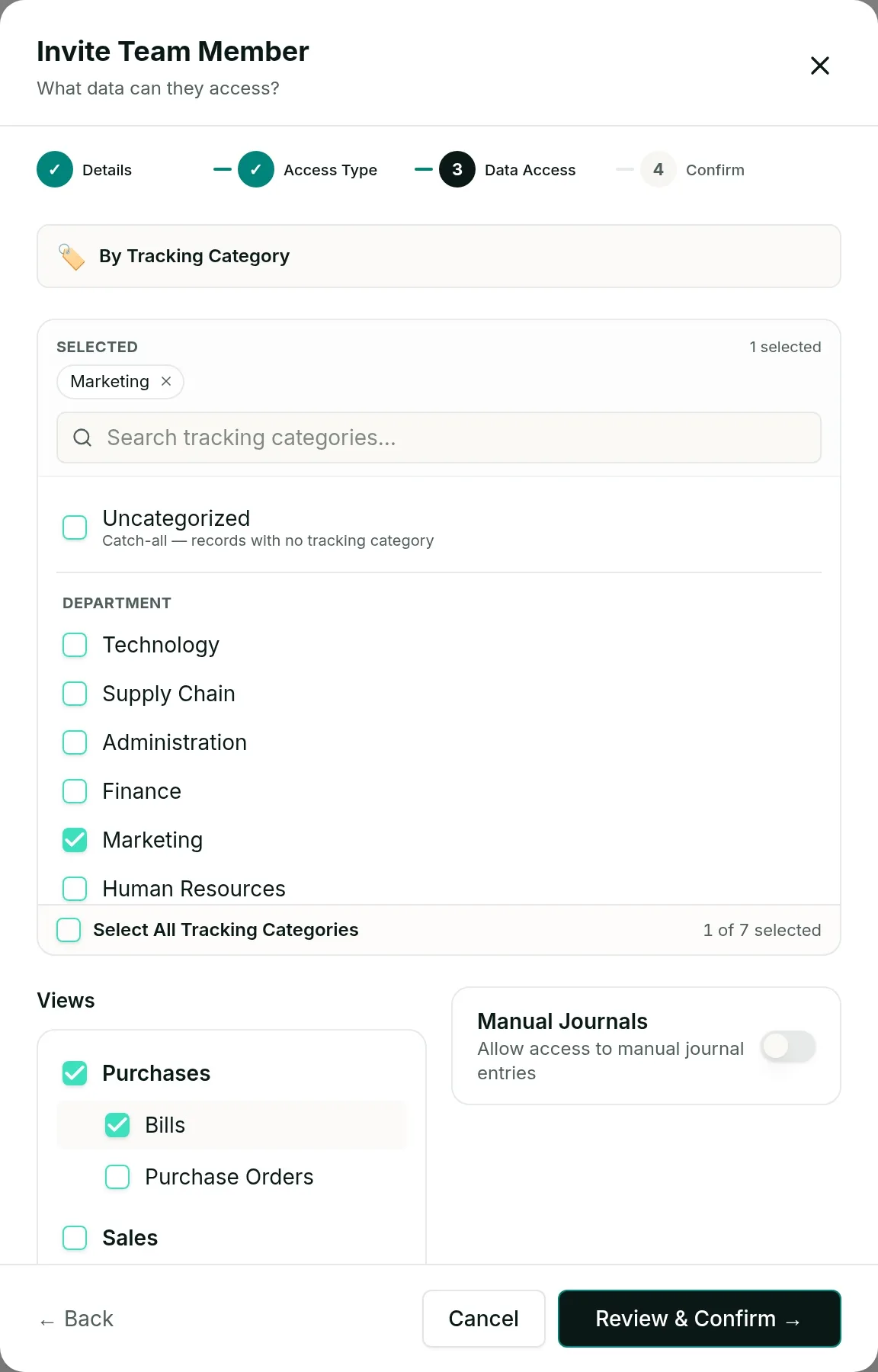 Scoping a team member by tracking category in Vizii: the Marketing department selected from seven categories, with an Uncategorized catch-all option for records carrying no tracking category